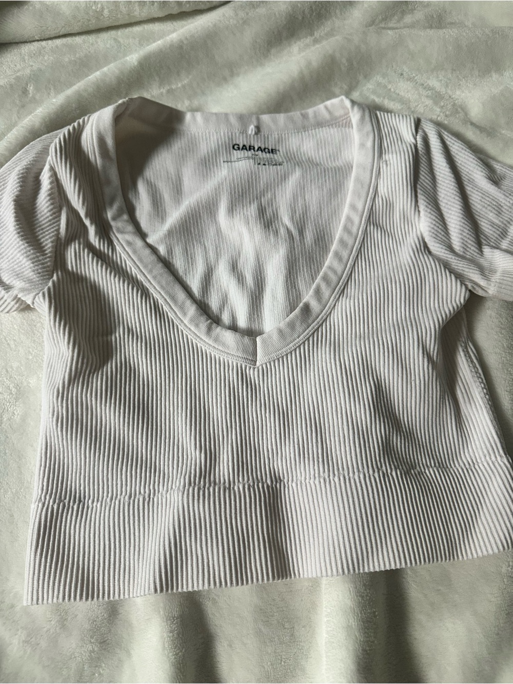 Garage White Ribbed V-Neck Crop Top